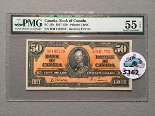 1937 Bank of Canada Fifty Dollar Bill, S/N BH0102759, PMG Grade 55 (EPQ).