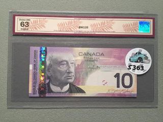 2005 Canada Ten Dollar Bill, 2 Digit Radar, S/N BTY9595959, BCS Grade 63.