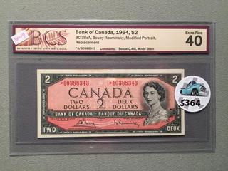 1954 Canada Two Dollar Replacement Bill, S/N *AG0388343, BCS Grade 40.