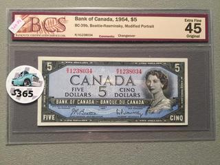 1954 Canada Five Dollar Bill, S/N RX1238034, BCS Grade 45.