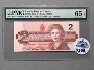 1986 Canada Two Dollar Bill, S/N CBK7743317, PMG Grade 65 (EPQ).
