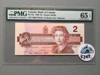 1986 Canada Two Dollar Bill, S/N CBK7743316, PMG Grade 65 (EPQ).