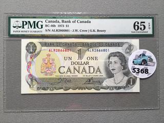 1973 Canada One Dollar Bill, S/N ALR2866801, PMG Grade 65 (EPQ).