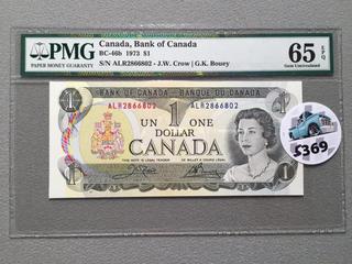 1973 Canada One Dollar Bill, S/N ALR2866802, PMG Grade 65 (EPQ).
