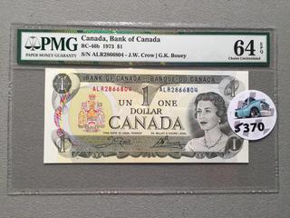 1973 Canada One Dollar Bill, S/N ALR2866804, PMG Grade 64 (EPQ).