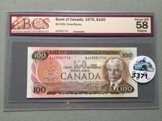 1975 Canada One Hundred Dollar Bill, S/N AJJ3351714, BCS Grade 58.