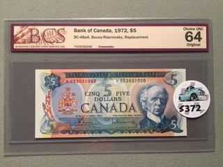1972 Canada Five Dollar Replacement Bill, S/N *CC3031040, BCS Grade 64.