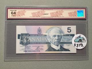 1986 Canada Five Dollar Bill, S/N EOT9652092, BCS Grade 64.