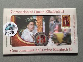 2013 Canada Twenty-Five Cent Coloured Coin And Stamp, Coronation of Queen Elizabeth II 60th Anniversary, Unopened.