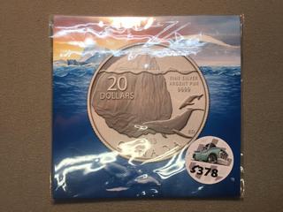 2013 Canada Twenty Dollar .9999 Fine Silver Coin, Humpback Whale, Unopened.