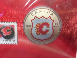 2014 Canada Twenty-Five Cent Coloured Coin And Stamp, Calgary Flames, Unopened.