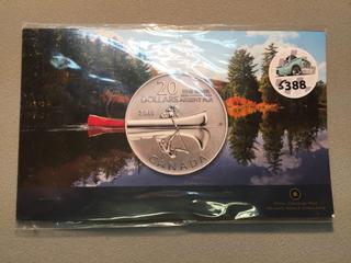 2011 Canada Twenty Dollar .9999 Fine Silver Coin, Canoe, Unopened.