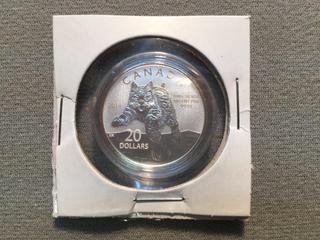 2014 Canada Twenty Dollar .9999 Fine Silver Coin, Lynx.