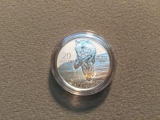 2013 Canada Twenty Dollar .9999 Fine Silver Coin, Wolf.