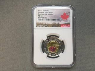 2018 Canada Two Dollar Armistice 100th Anniversary Colour Printed Coin (NGC Rated MS66)