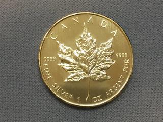 2008 Canada One Ounce .9999 Fine Silver Five Dollar Coin.