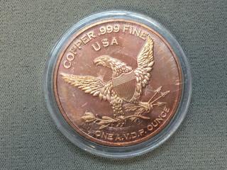 Replica 1877 USA One Ounce .999 Copper Liberty Coin.