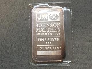 Johnson Matthey One Troy Ounce .999 Fine Silver Bar.