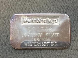 1974 North West Trust One Troy Ounce .999 Fine Silver Bar.