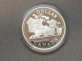 1981 Canada Commemorative Trans-Canada Railway Centennial Silver Dollar.