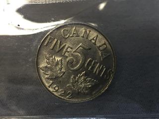 1922 Canada Five Cent Coin (Rated EF40).