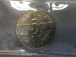 1935 Canada Five Cent Coin (Rated EF45).