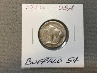 1916 P USA Five Cent Silver Buffalo Coin.