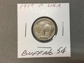 1917 P USA Five Cent Silver Buffalo Coin.