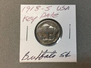 1918 S USA Five Cent Silver Buffalo Coin (Key Date).