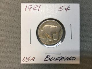 1921 USA Five Cent Silver Buffalo Coin.