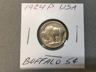 1924 P USA Five Cent Silver Buffalo Coin.