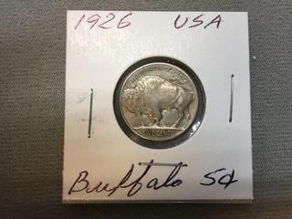 1926 USA Five Cent Silver Buffalo Coin.