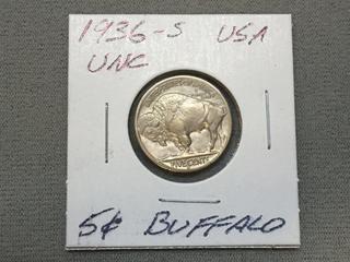 1936 S USA Five Cent Silver Buffalo Coin (Uncirculated).