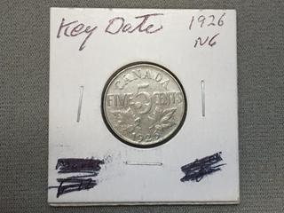 1926 Canada Five Cent Coin (Key Date).