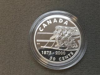 2000 Canada Fifty Cent Sterling Silver Hockey Coin c/w Display Case.