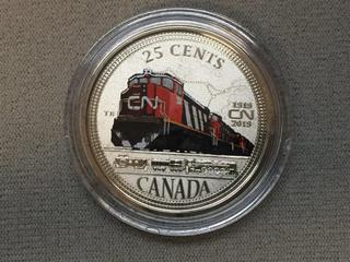 2019 Canada Twenty Five Cent Silver CN 100th Anniversary Colour Printed Coin c/w Display Case.