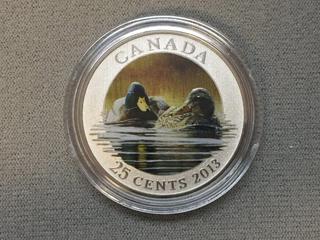 2013 Canada Twenty Five Cent Mallard Colour Printed Coin c/w Display Case.