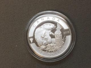 2013 Canada Ten Dollar Fine Silver Beaver Coin c/w Display Case.