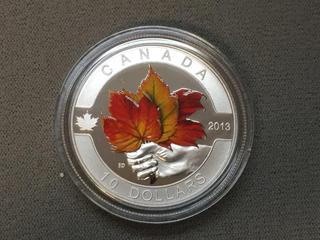 2013 Canada Ten Dollar Fine Silver Maple Leaf Colour Printed Coin c/w Display Case.