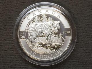 2013 Canada Ten Dollar Fine Silver Wolf Coin c/w Display Case.