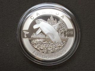 2013 Canada Ten Dollar Fine Silver Orca Coin c/w Display Case.