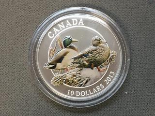 2013 Canada Ten Dollar Fine Silver Mallard Colour Printed Coin c/w Display Case.