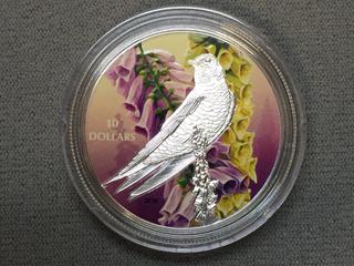 2017 Canada Ten Dollar Fine Silver Purple Martin Colour Printed Coin c/w Display Case.