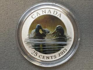 2013 Canada Twenty Five Cent Mallard Colour Printed Coin c/w Display Case.