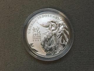 2013 Canada .9999 Fine Silver Twenty Dollar Year of The Snake Coin c/w Display Case.