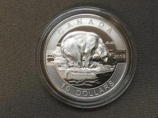 2013 Canada .9999 Fine Silver Ten Dollar Polar Bear Coin c/w Display Case.