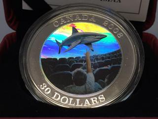 2008 Canada Thirty Dollar Sterling Silver IMAX Holographic And Colour Printed Coin c/w Display Case.