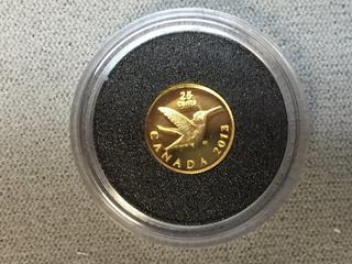 2013 Canada 0.5 Gram Pure Gold Twenty Five Cent Humming Bird Coin c/w Display Case.