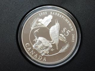 2005 Canada Five Dollar Silver Saskatchewan Centennial Proof Coin c/w Display Case.