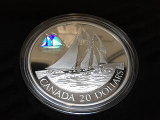 2000 Canada Twenty Dollar Silver Bluenose Holographic Coin c/w Display Case.